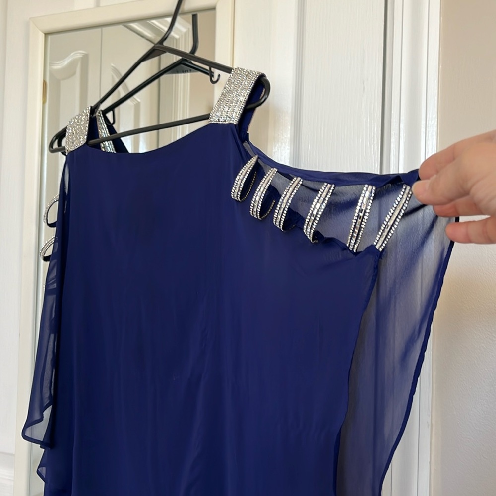 MSK dress, blue sequenced, shoulder and sleeve short size small